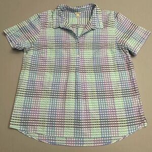 LL Bean Top Women’s Large Regular Multicolor Checkered Shirt Seersucker Pastel